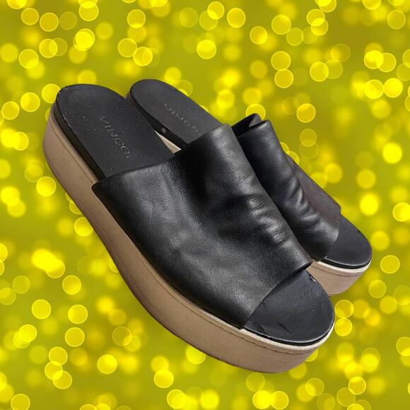 vince. Black Leather Platform Y2K-Style Slide Sandals Size 6 - Picture 1 of 9